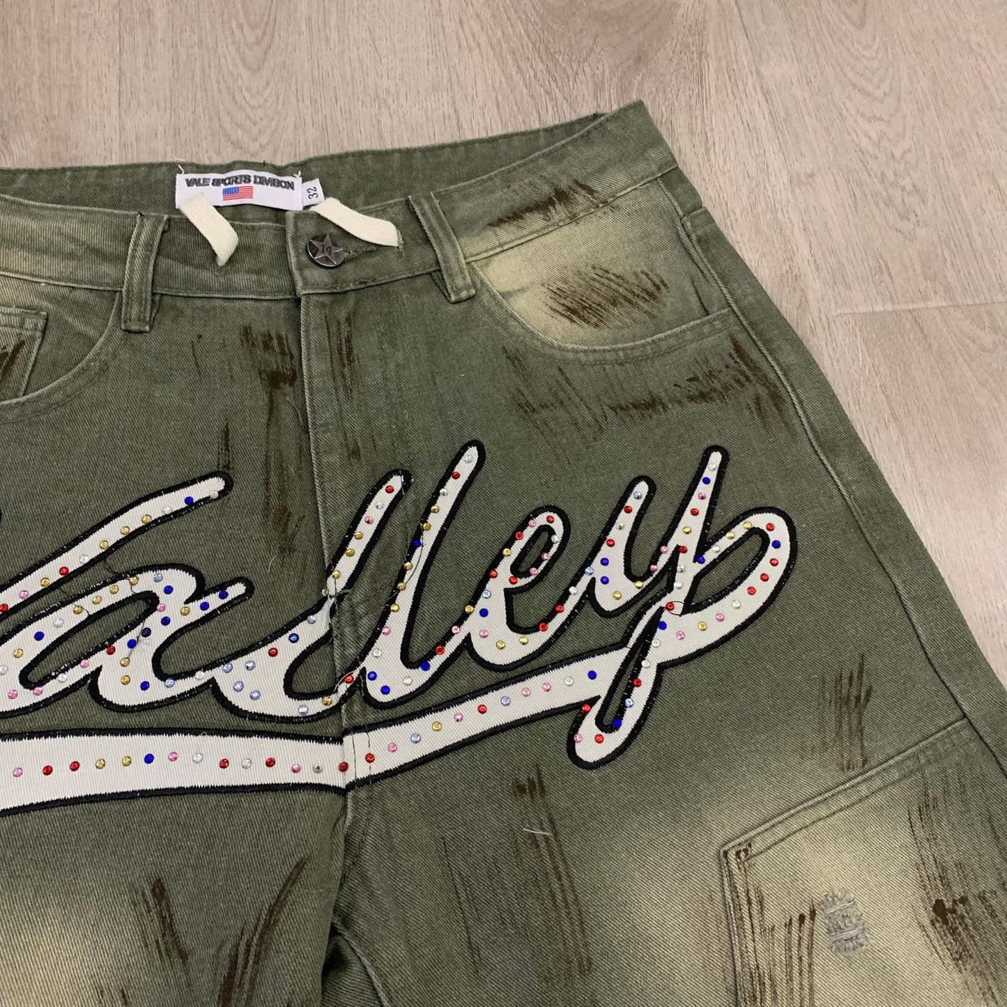 VALE FOREVER CLASSIC STRAIGHT CUT RHINESTONE DIRTY GREEN DENIM SHORTS