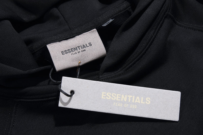 FEAR OF GODS ESSENTIALS APPLIQUE LOGO BLACK HOODIE