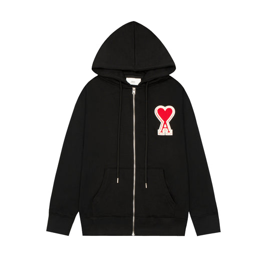 AMI PARIS ZIP BLACK AND RED HOODIE