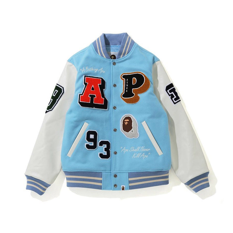 BAPE CRAZY PATCH BABY BLUE VARSITY JACKET