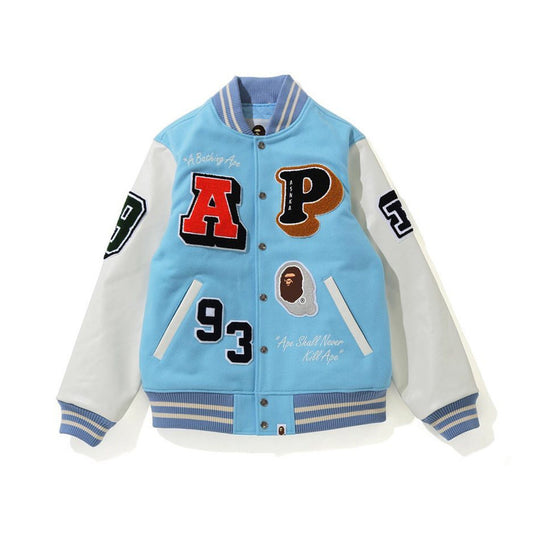 BAPE CRAZY PATCH BABY BLUE VARSITY JACKET