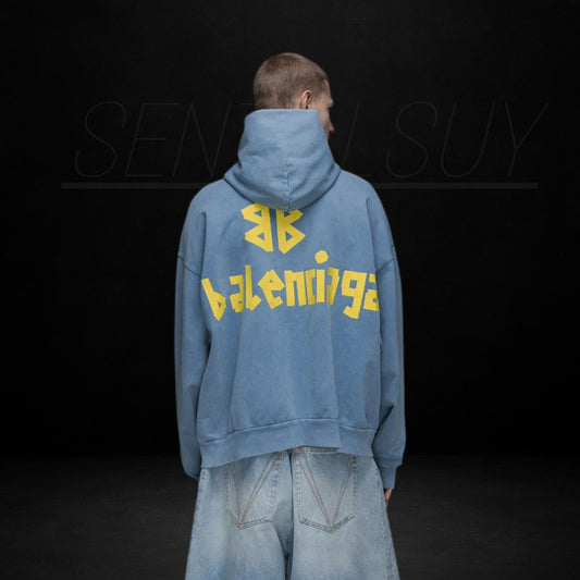 BALENCIAGA RIPPED POCKET BLUE HOODIE