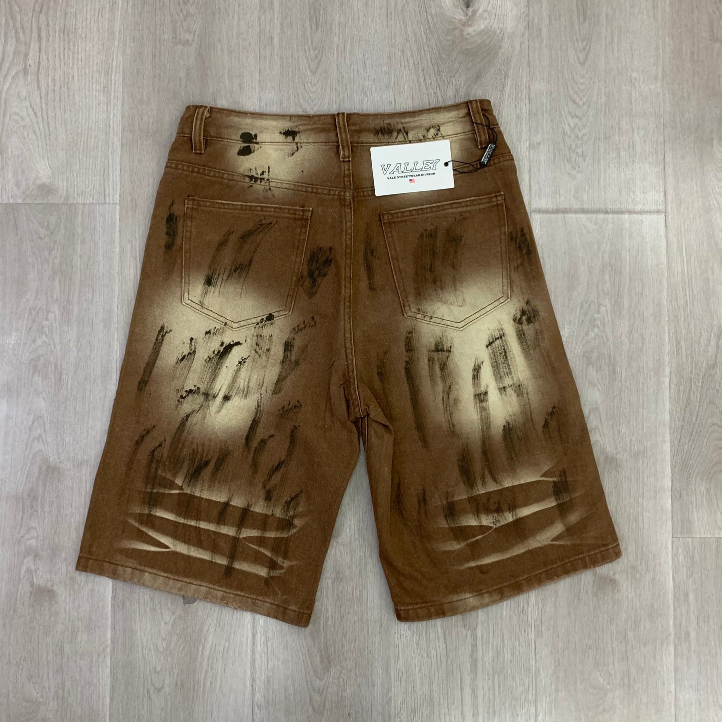 VALE FOREVER CLASSIC STRAIGHT RHINESTONE DIRTY BROWN DENIM SHORTS