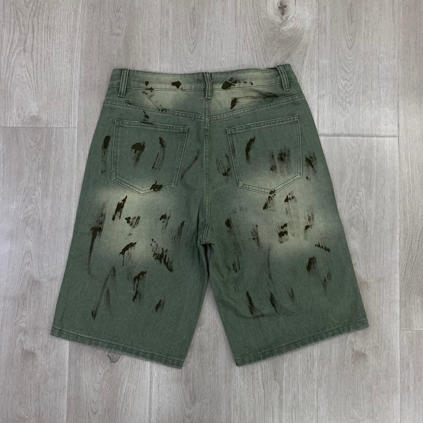 VALE FOREVER CLASSIC STRAIGHT CUT RHINESTONE DIRTY GREEN DENIM SHORTS