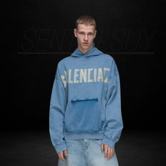 BALENCIAGA RIPPED POCKET BLUE HOODIE