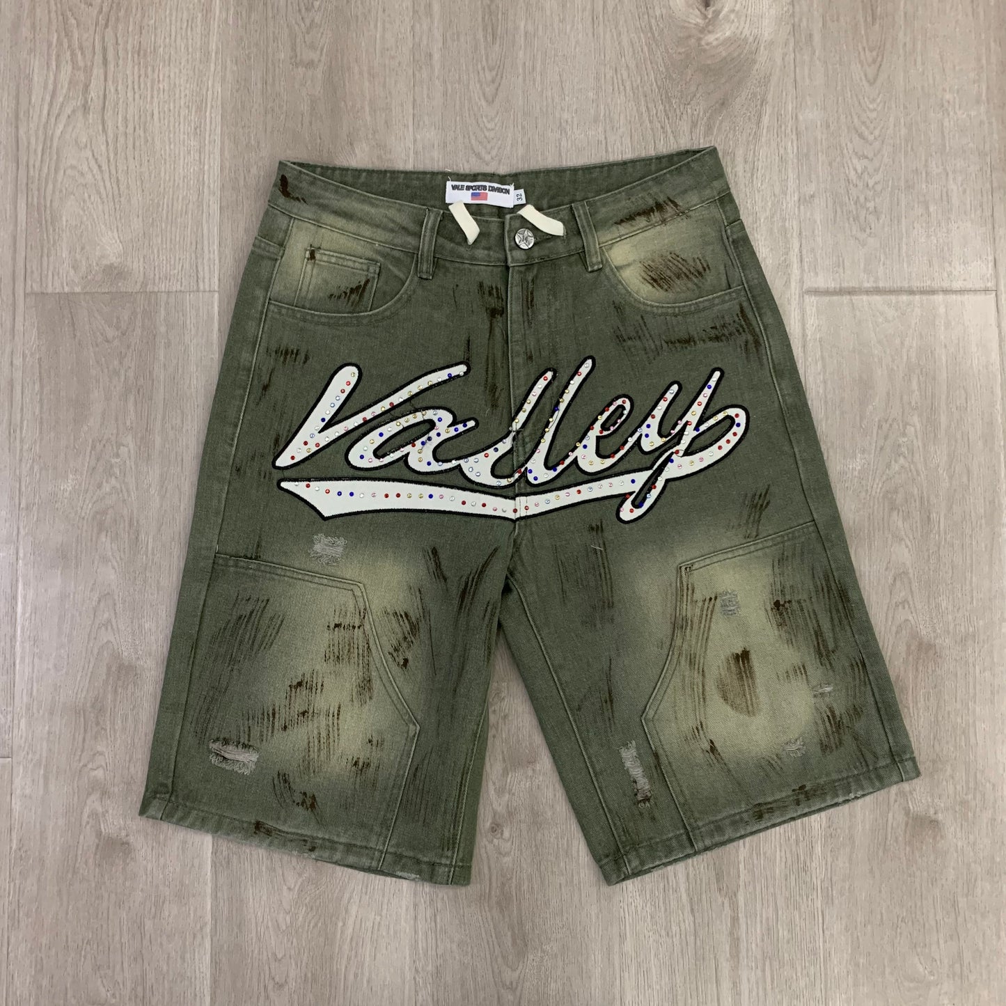 VALE FOREVER CLASSIC STRAIGHT CUT RHINESTONE DIRTY GREEN DENIM SHORTS