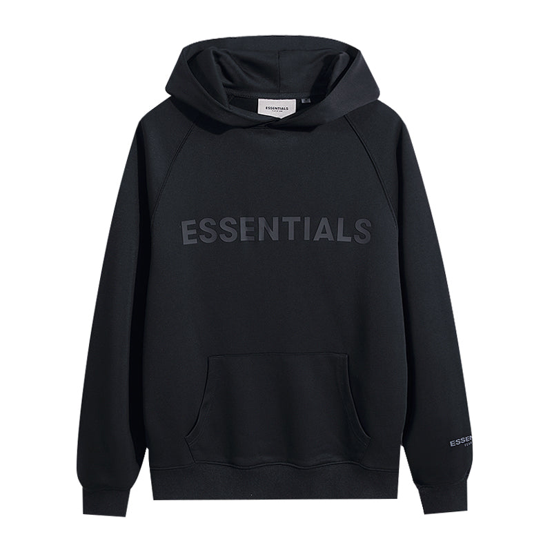 FEAR OF GODS ESSENTIALS APPLIQUE LOGO BLACK HOODIE