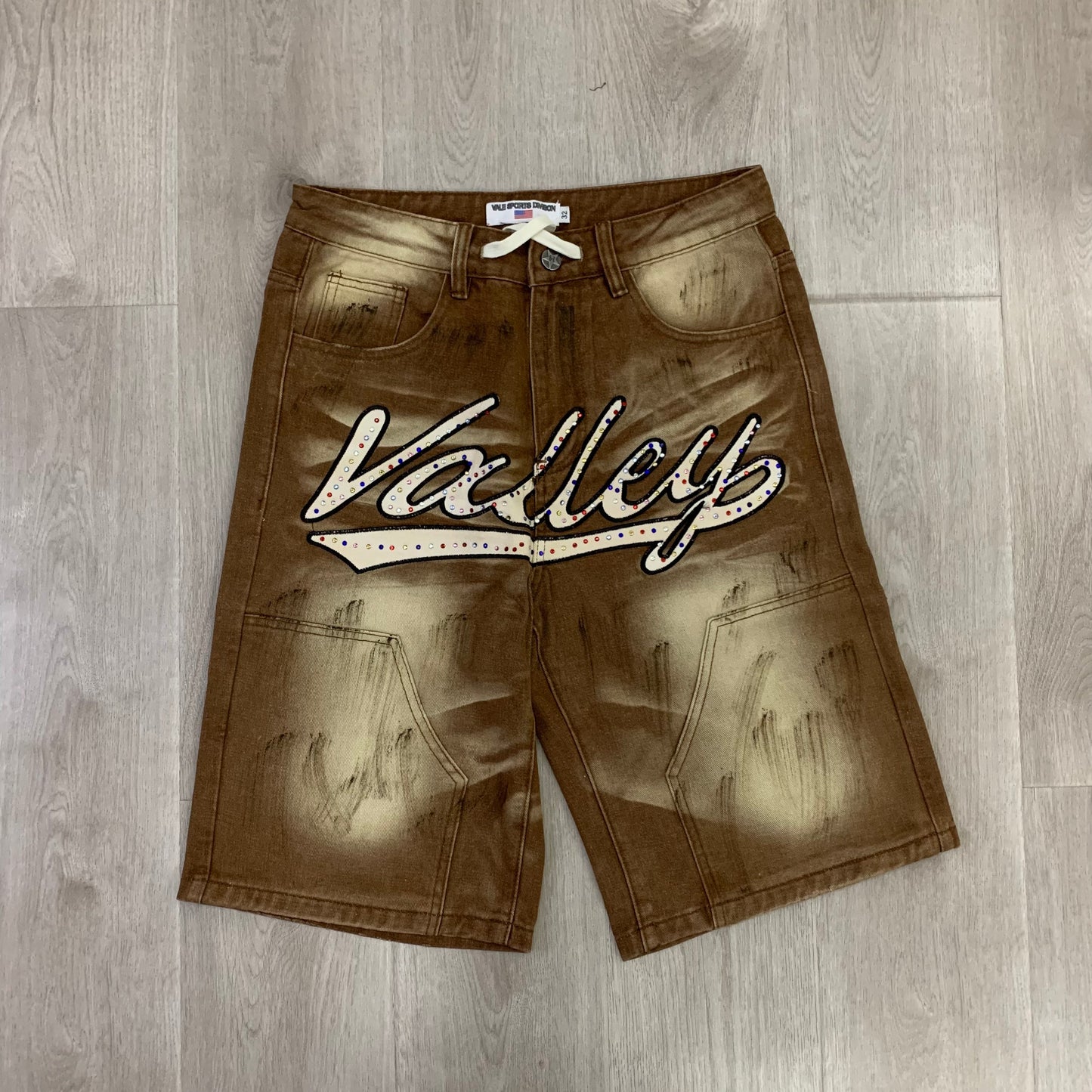 VALE FOREVER CLASSIC STRAIGHT RHINESTONE DIRTY BROWN DENIM SHORTS