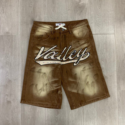 VALE FOREVER CLASSIC STRAIGHT RHINESTONE DIRTY BROWN DENIM SHORTS