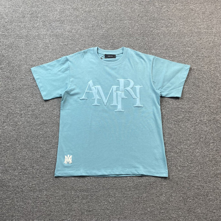 AMIRI STRAGGERED LOGO FULL BLUE T-SHIRT