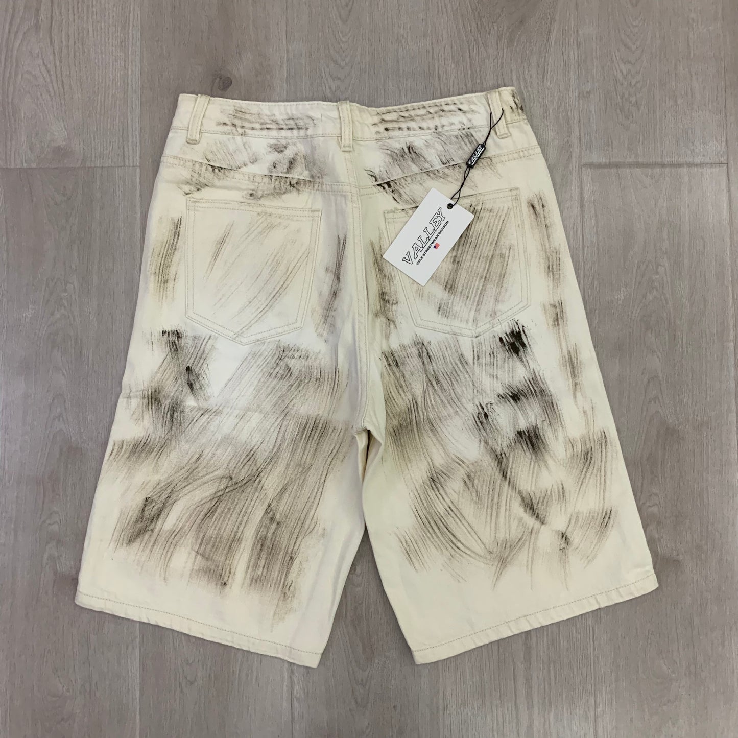 VALE FOREVER CLASSIC STRAIGHT RHINESTONE DIRTY WHITE DENIM SHORTS