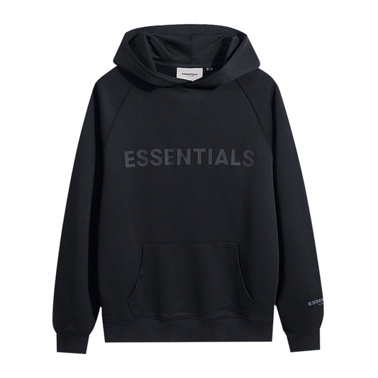 FEAR OF GODS ESSENTIALS APPLIQUE LOGO BLACK HOODIE
